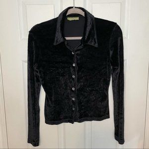 Anthropologie Velour Velvet Black Button Up Collared Long Sleeve Top small